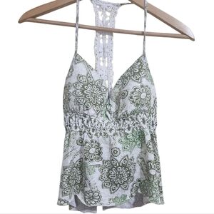 Self Easteem Cami Tank Top White Green Floral Crochet Details Y2K Style‎ Large
